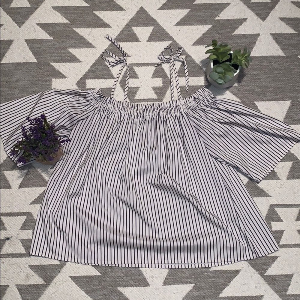 White and blue pinstriped off the shoulder shirt